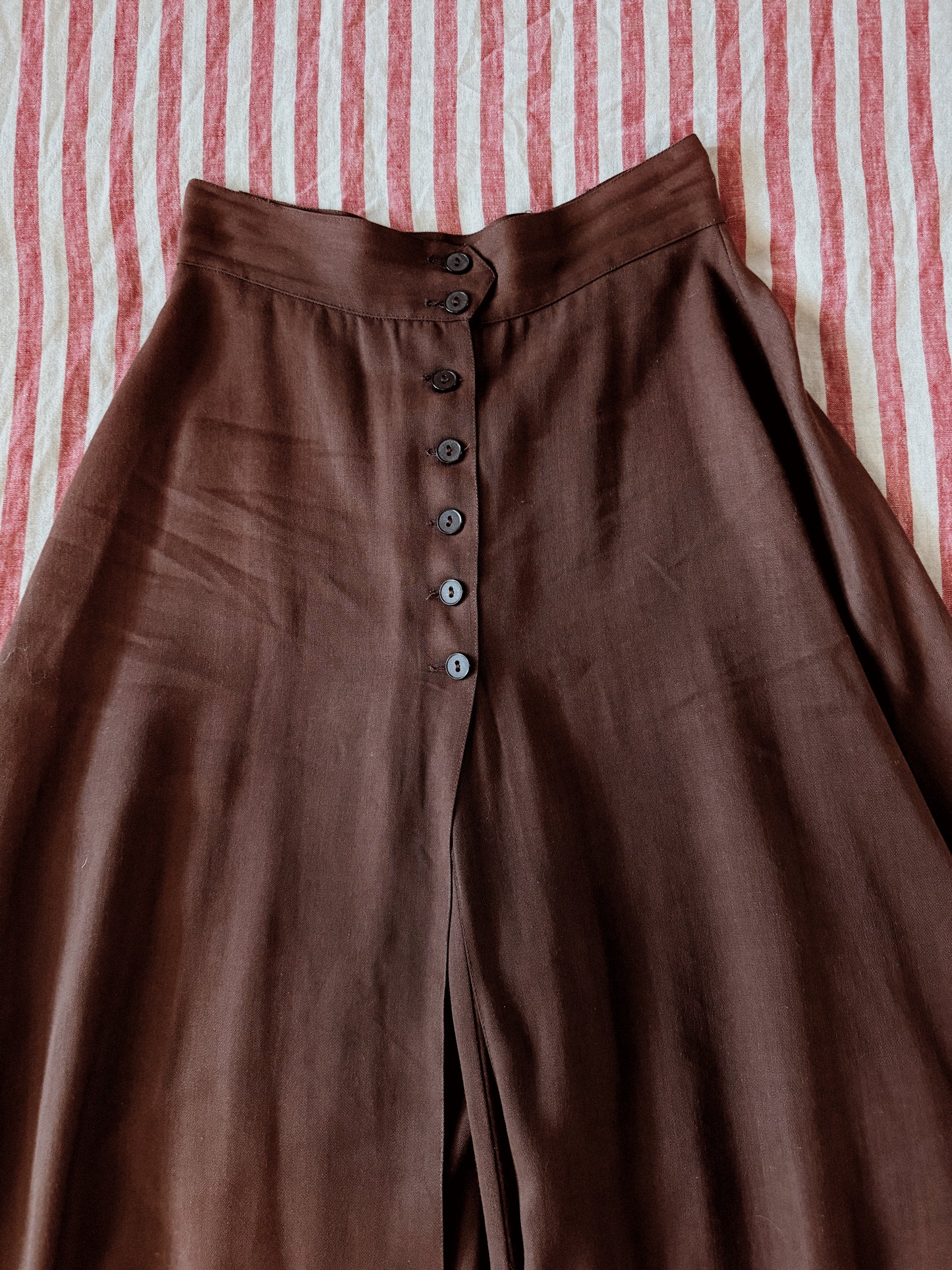 1940s Brown Rayon Gabardine Split Skirt Culotte Pants- S/M