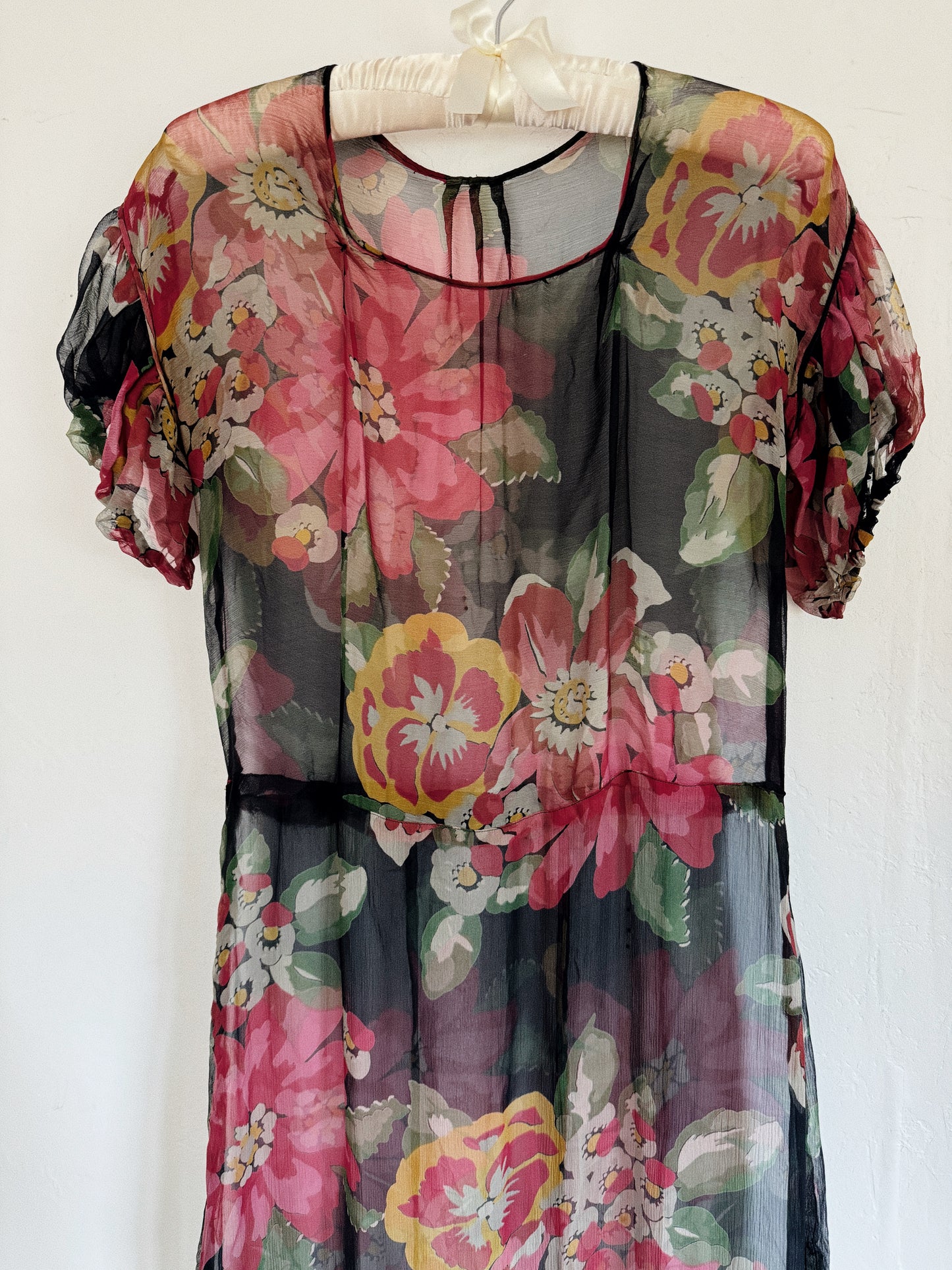 1930s Black Floral Chiffon Full Length Gown- S/M