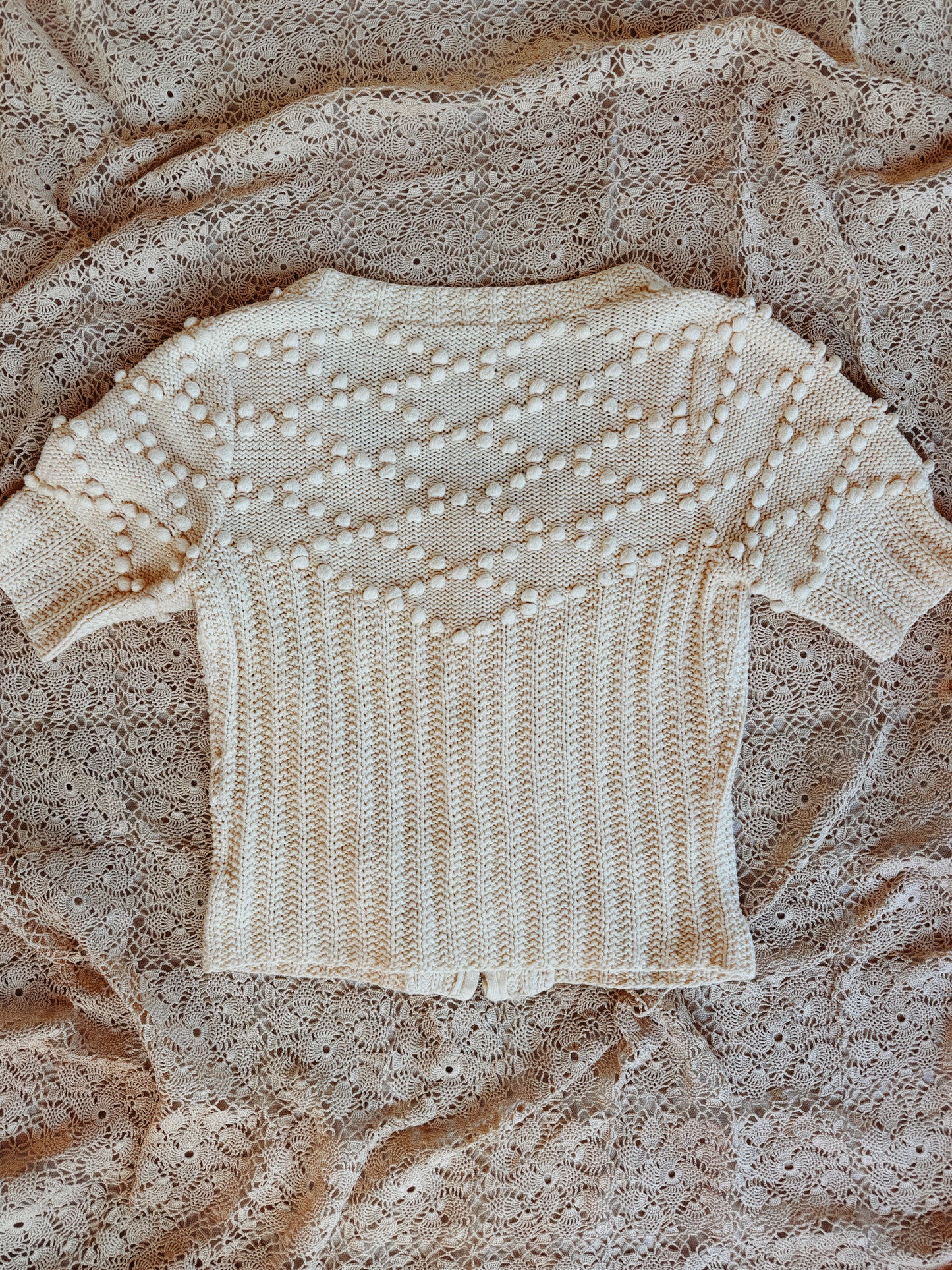 1930s/40s Cream Cropped Knit Top w/ Eyelet Closures + Bon Bons- S/M-M