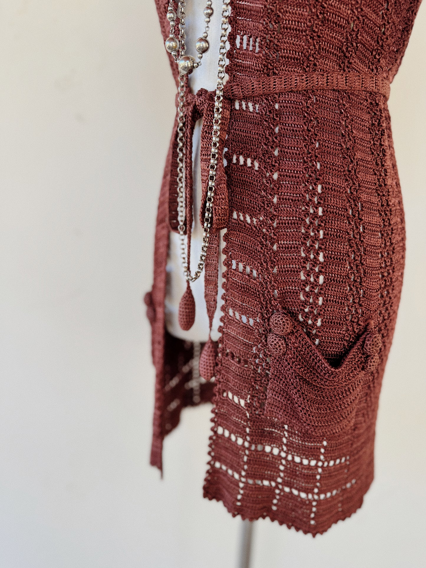 1920s Espresso Silk Crocheted Cardigan w/ Pom Poms- XS-S