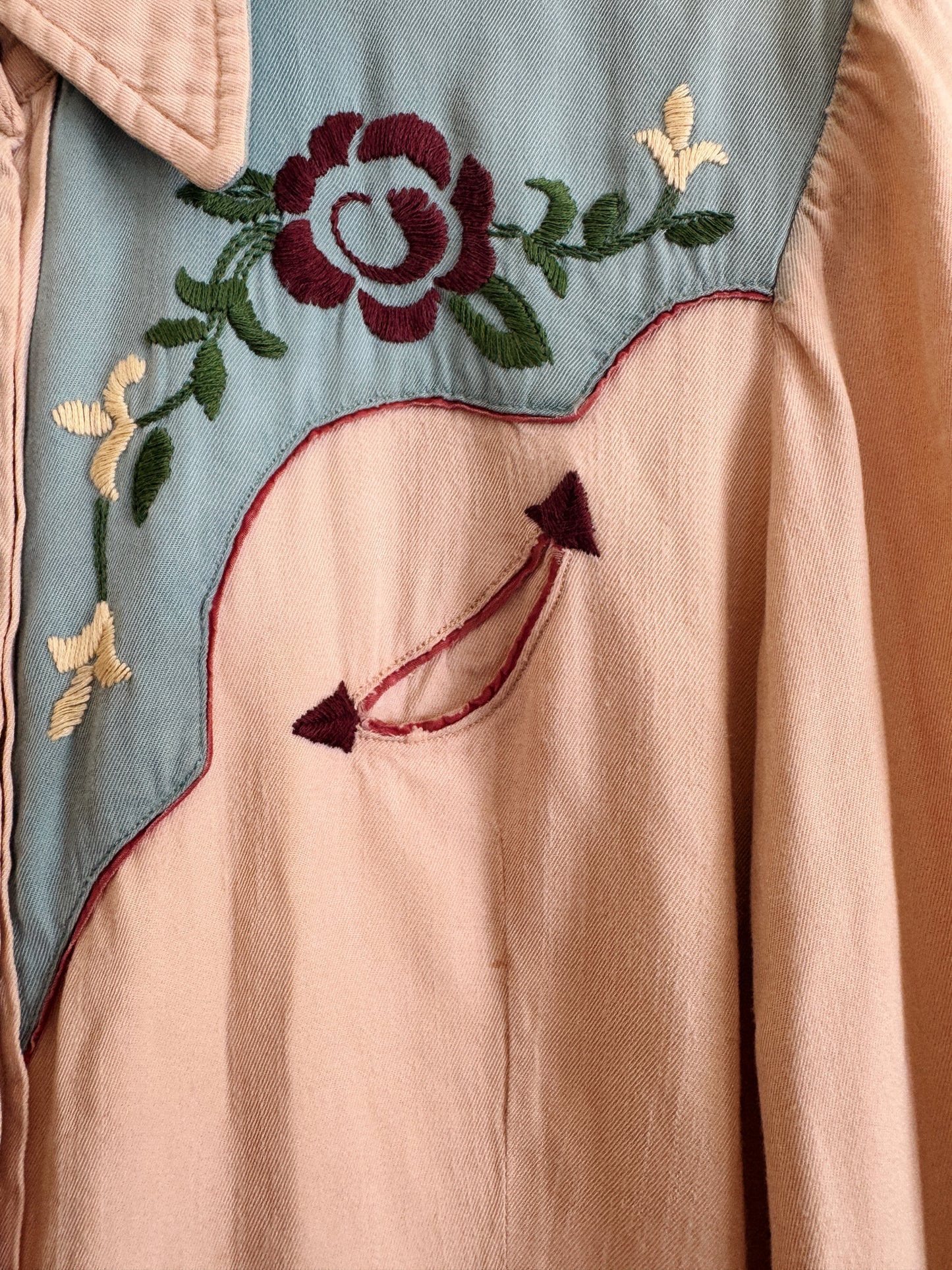 1950s Sky Blue + Purple Embroidered Western Blouse- S/M