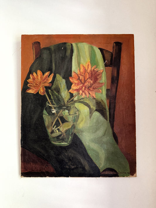 1960s Dahlia Floral Still Life - Oil on Canvas- 16 x 20”