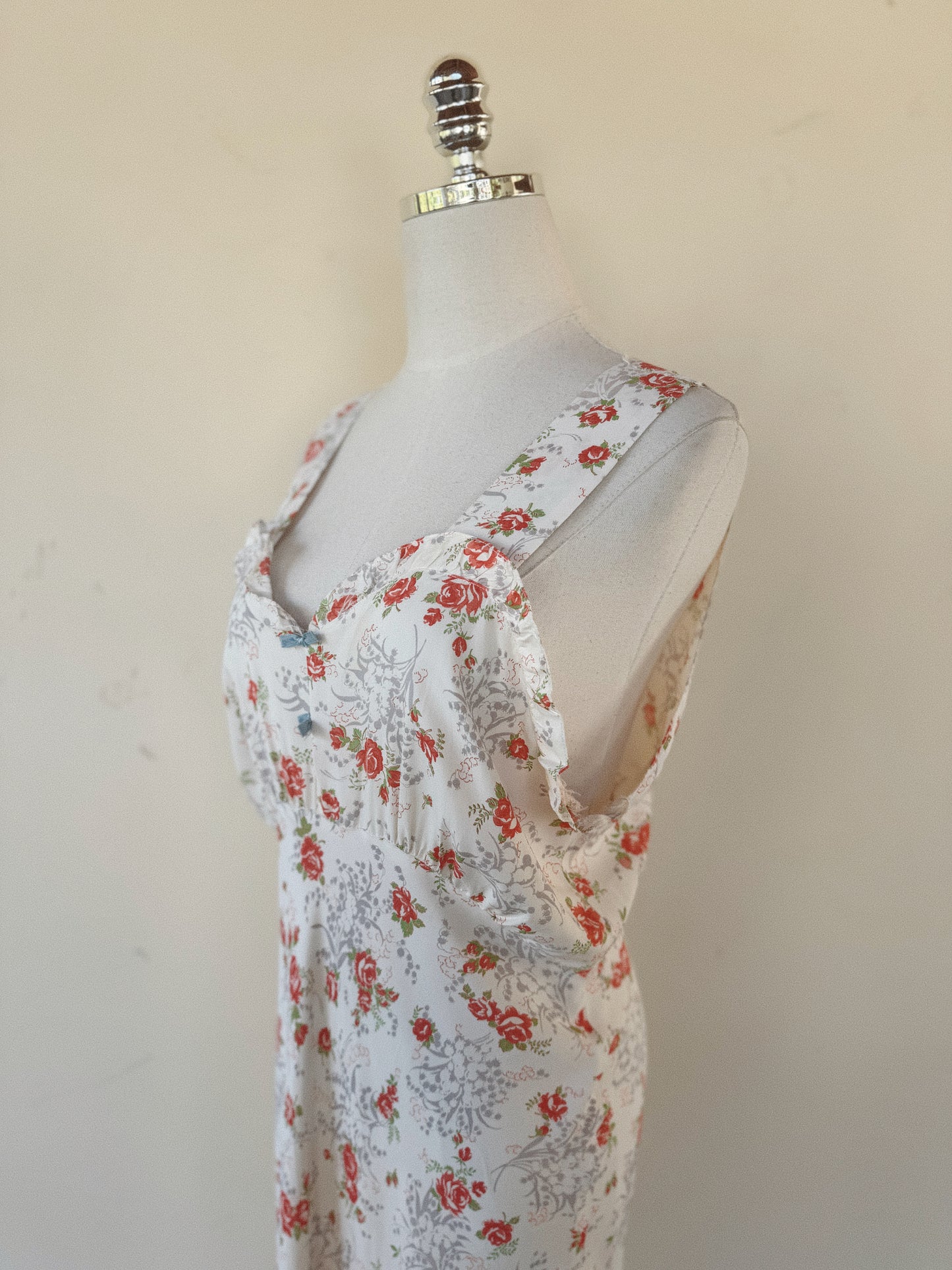 1940s Rose + Lily of the Valley Ruffle Cold Rayon Slip Dress w/ Blue Bows- M-M/L