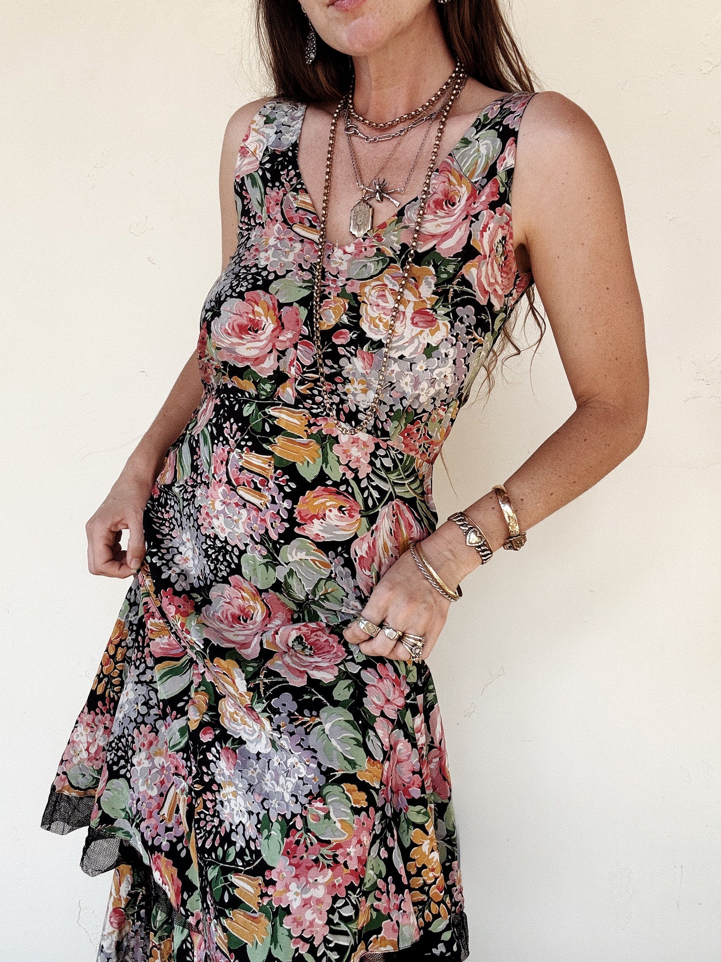 1930s Black Multicolor Floral Silk Gown w/ Mesh Trim- S/M