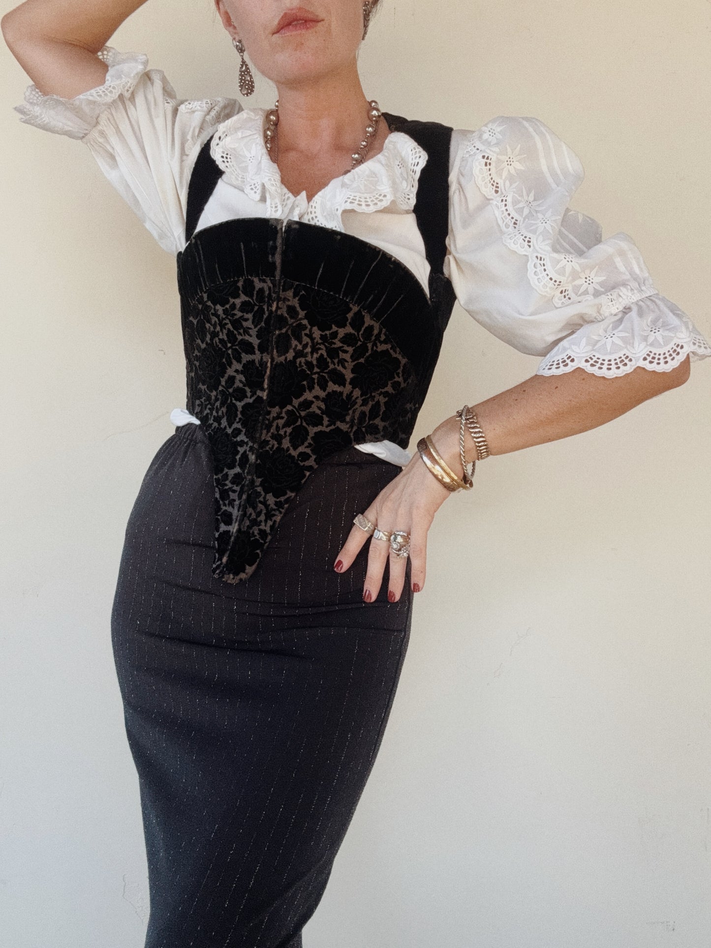 Antique Black Devoré Velvet Swiss Waist Corset- S/M