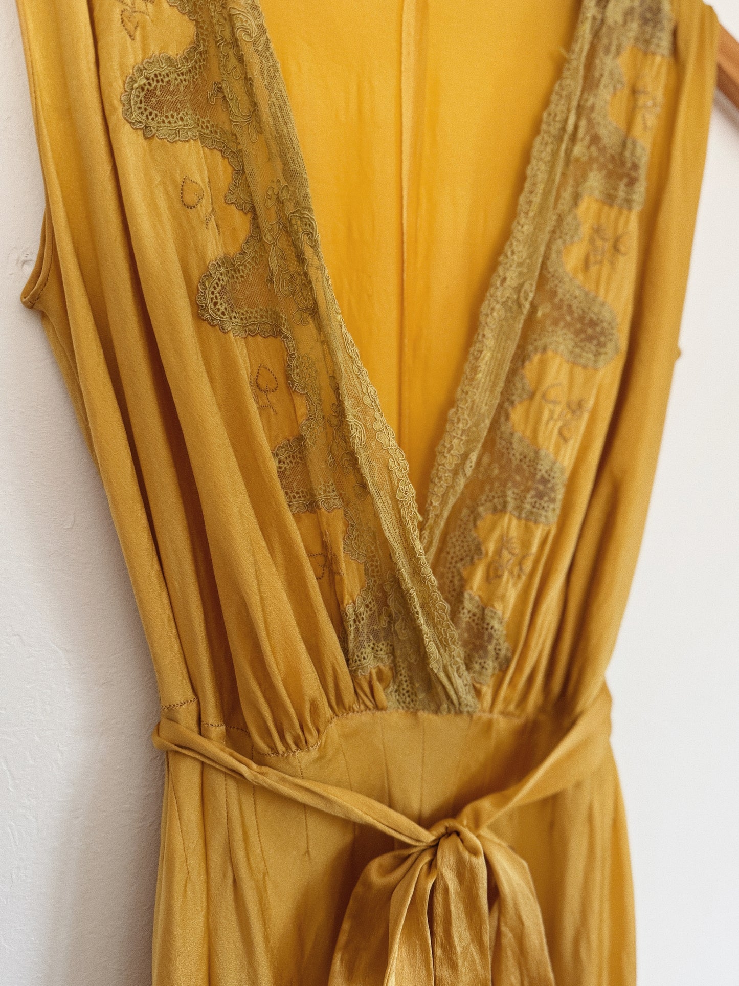 1930s Golden Saffron Silk Clover Embroidered Slip Dress- S-S/M