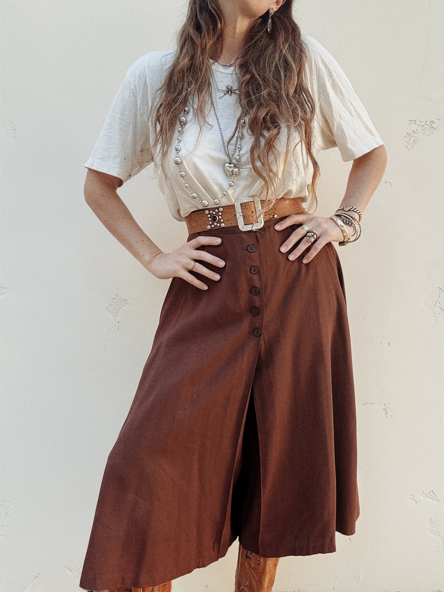 1940s Brown Rayon Gabardine Split Skirt Culotte Pants- S/M