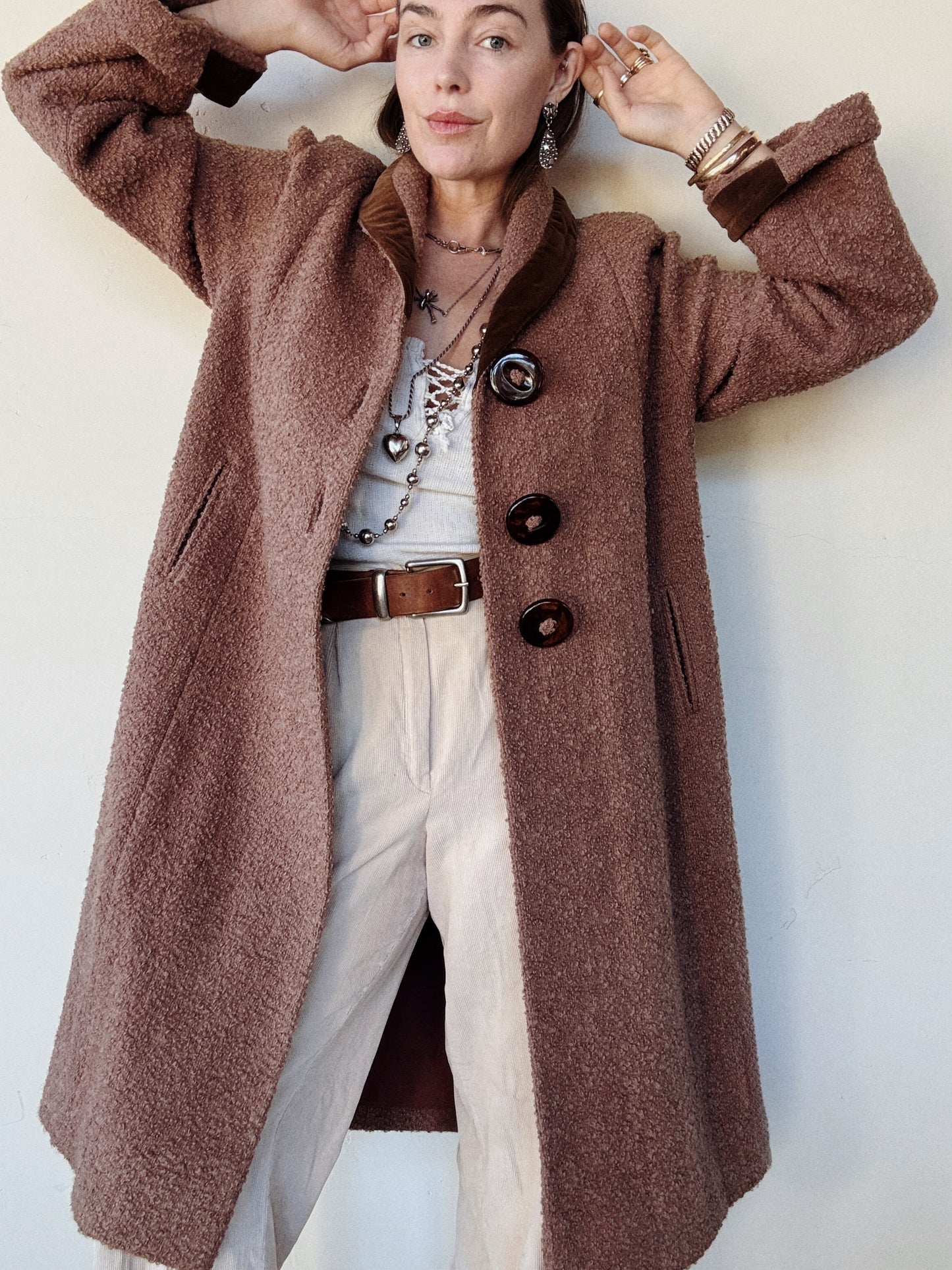 1940s/50s Mocha Bouclé Knit Coat w/ Oversized Buttons- S/M-M