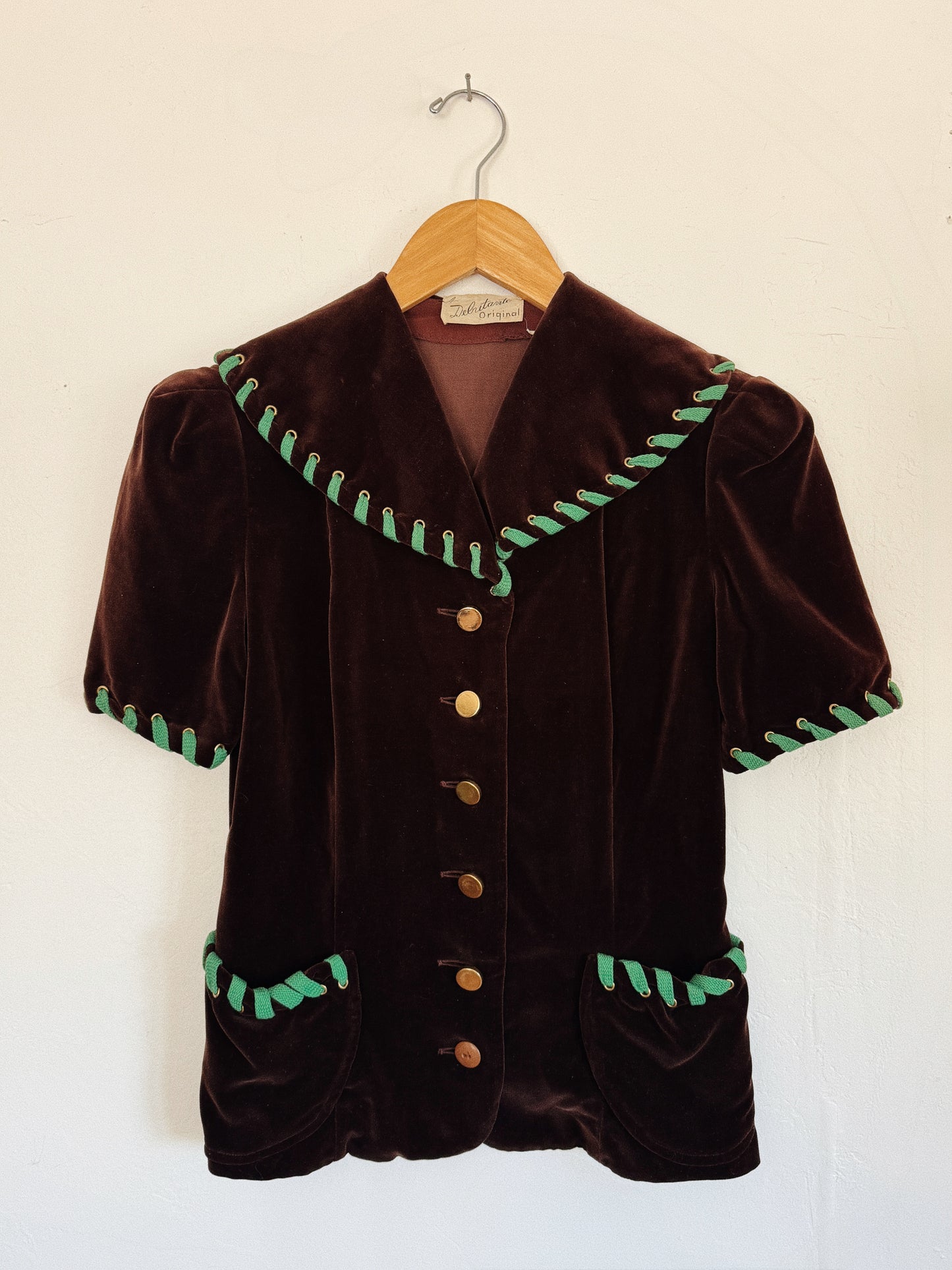 1940s Chocolate Velvet Top w/ Green Laced Trim + Brass Buttons- S-S/M
