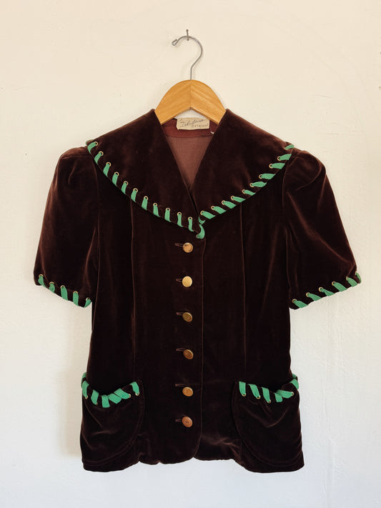 1940s Chocolate Velvet Top w/ Green Laced Trim + Brass Buttons- S-S/M