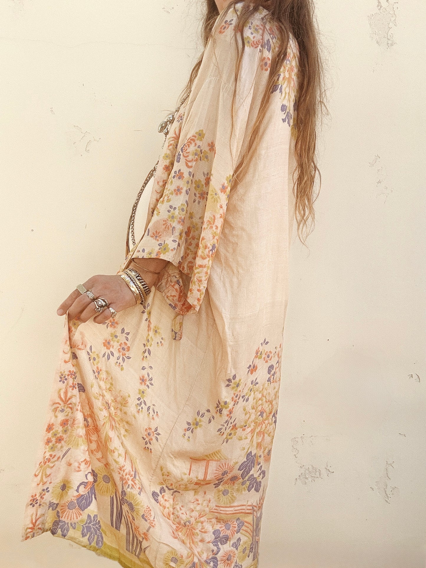 1920s Chartreuse + Periwinkle Pongee Silk Duster Robe