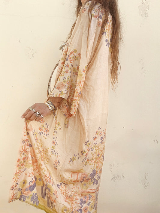 1920s Chartreuse + Periwinkle Pongee Silk Duster Robe