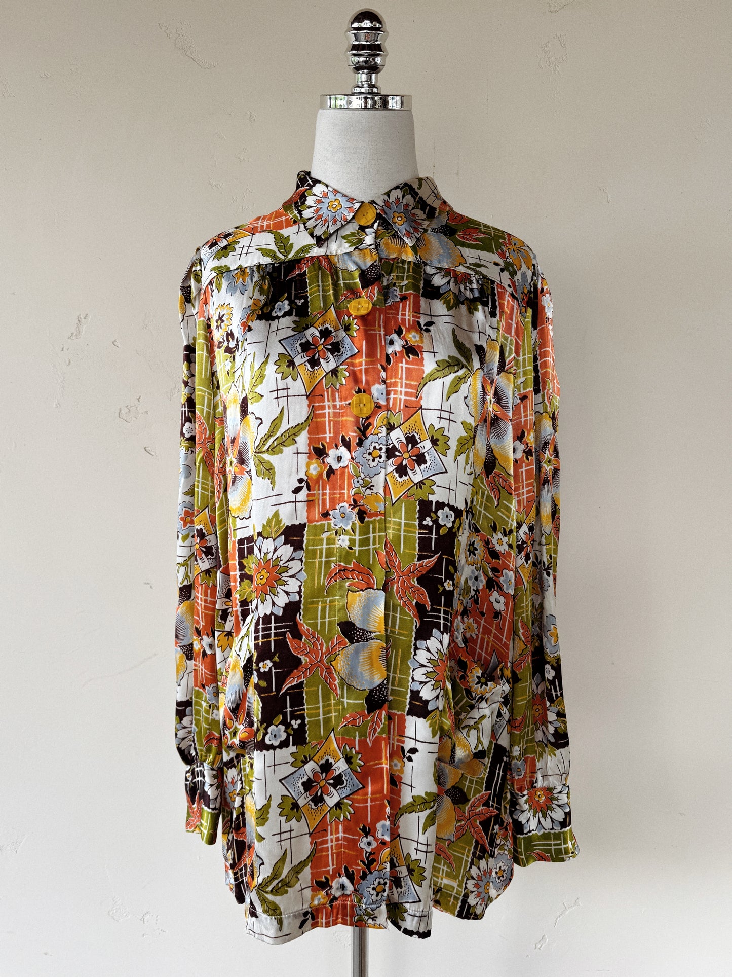 1940s Chartreuse + Orange Passionflower Satin Smock Jacket