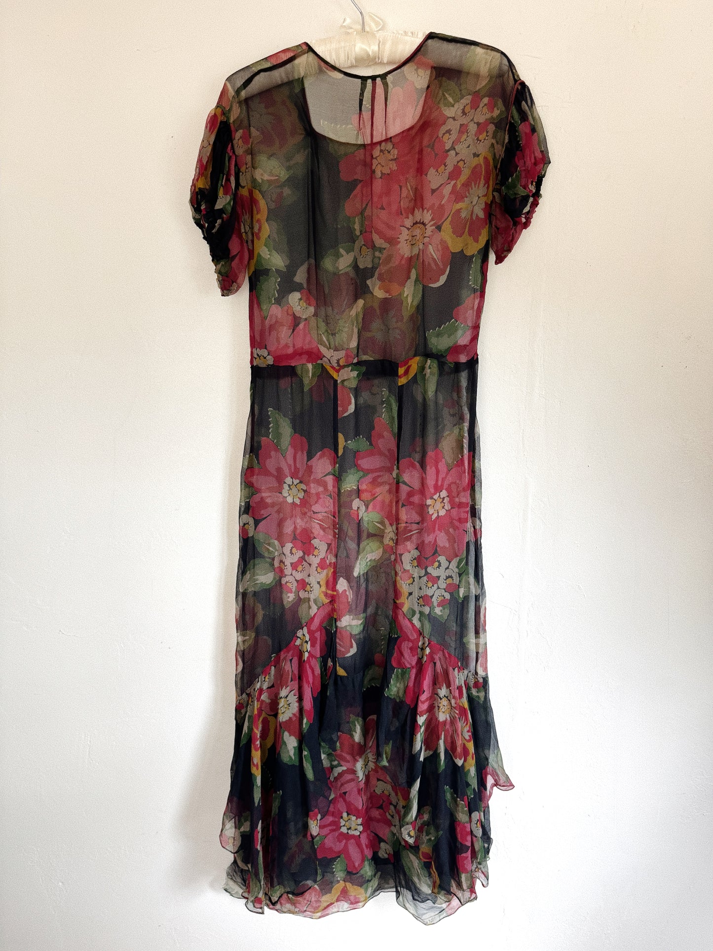 1930s Black Floral Chiffon Full Length Gown- S/M