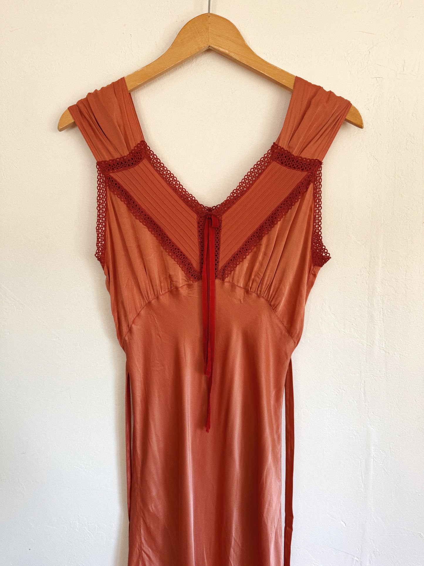 1940s Rusty Coral Rayon Slip Dress w/ Circular Lace- S-S/M