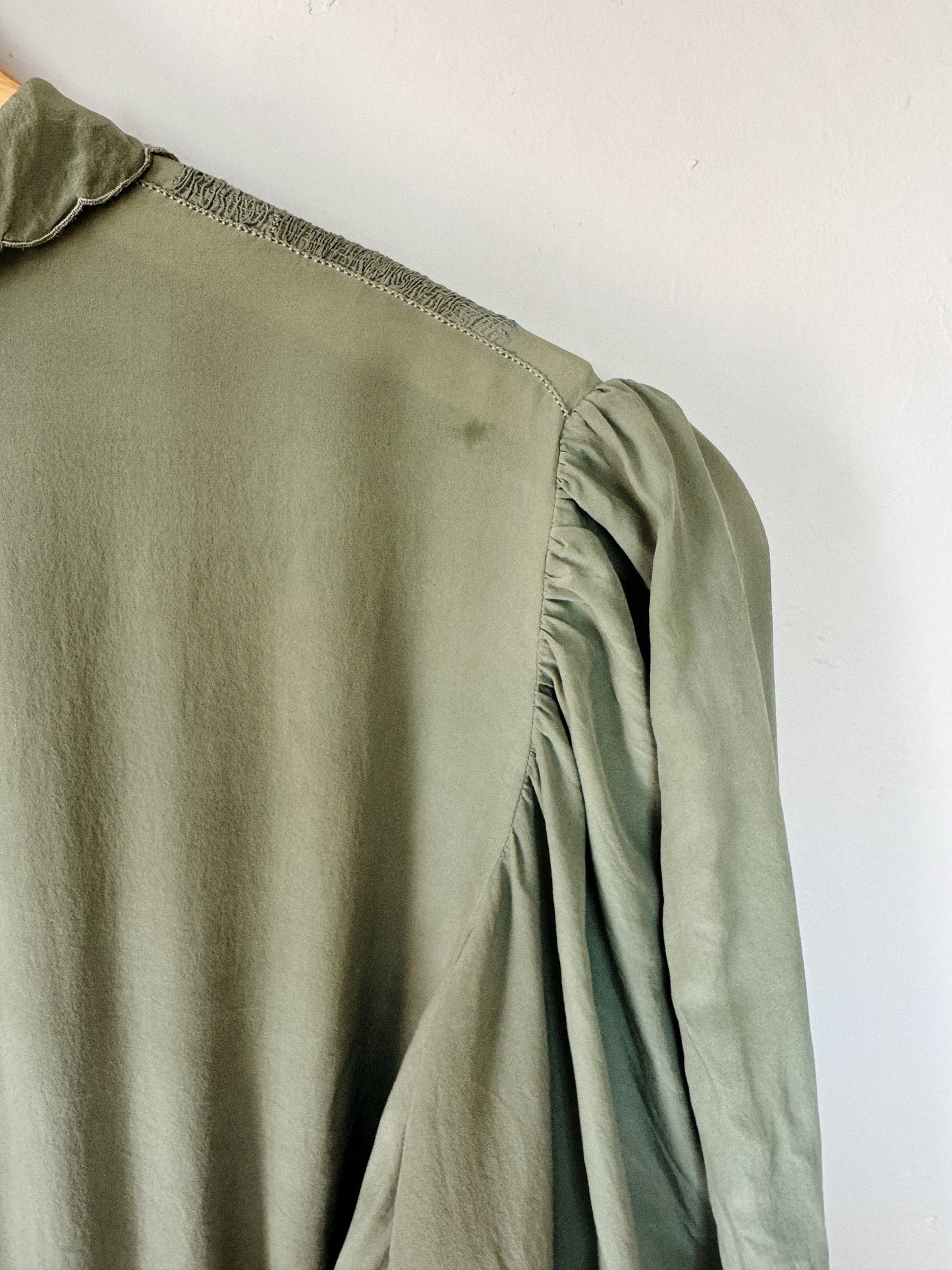 1930s Juniper Green Embroidered Silk Gown w/ Crinkle Chiffon Inserts- S-S/M
