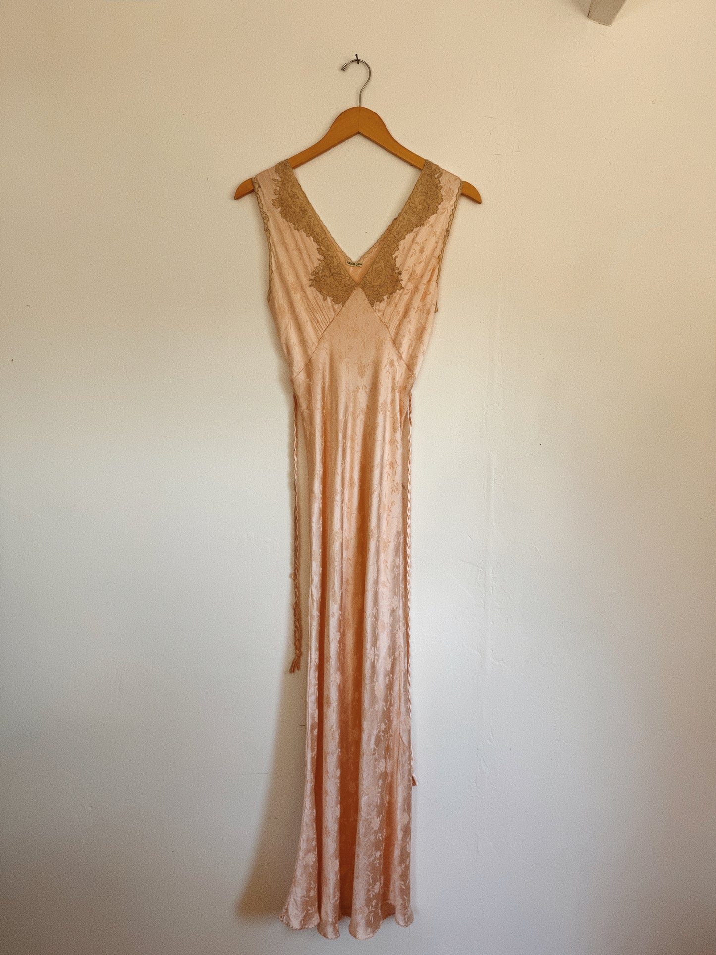 1930s Silk Floral Jacquard + Lace Slip Dress w/ Braided Sash- S-S/M