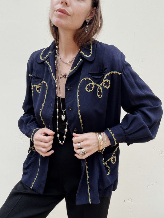 1940s Navy Gabardine Embroidered Western Jacket- S/M-M