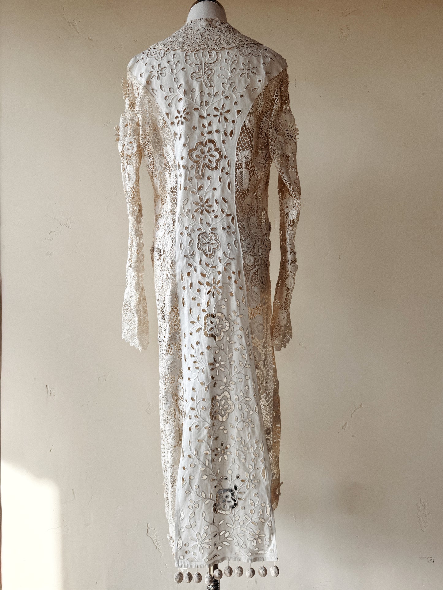 Rare Edwardian Irish Crochet Duster Coat w/ Pom Poms- M