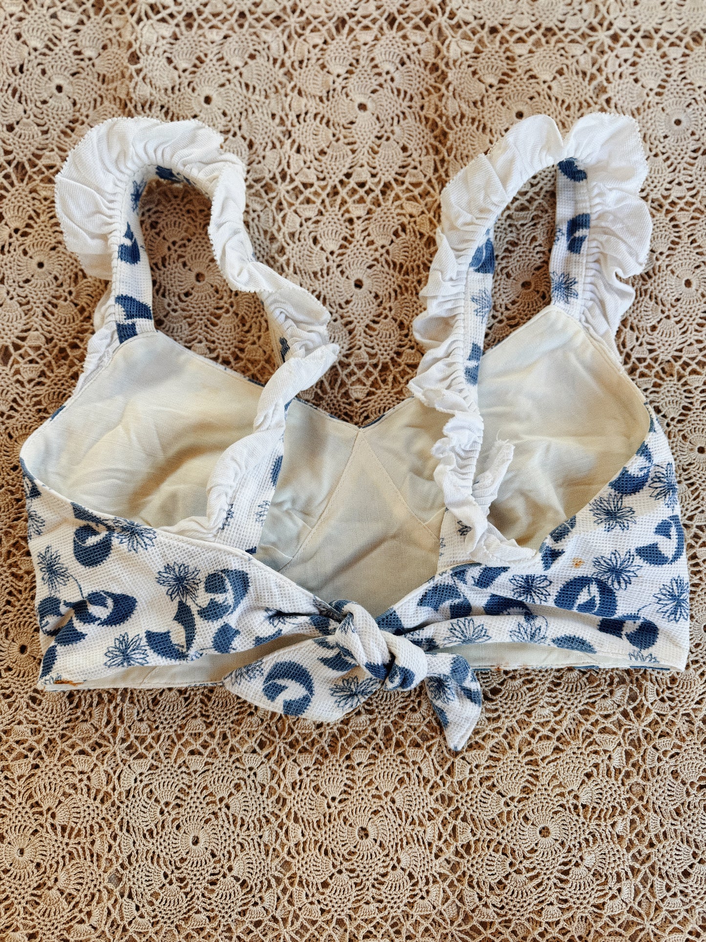 1930s White + Blue Piqué Floral + Ruffle Play Set- S
