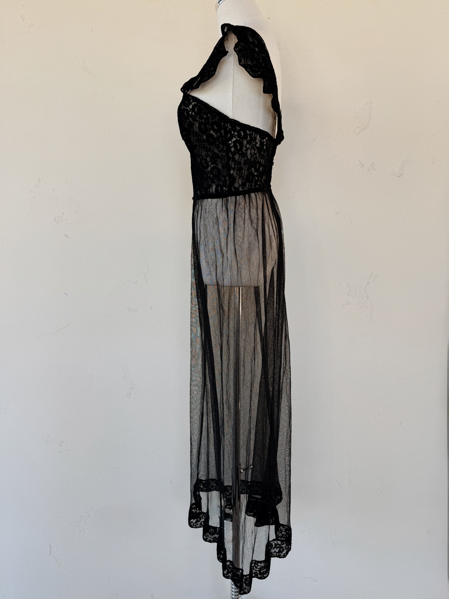 1930s/40s French Black Lace + Bobbinet Flutter Shoulder Slip Dress- S