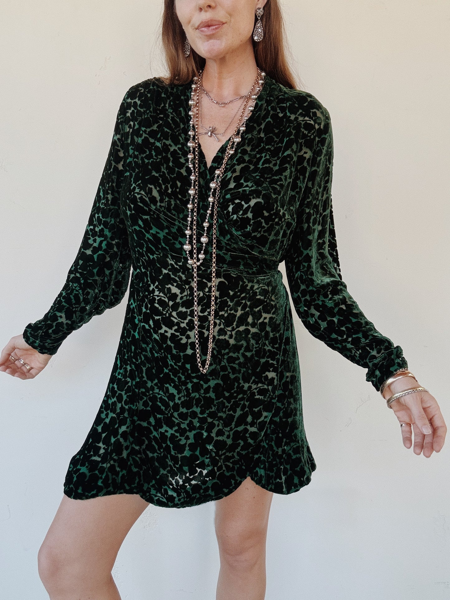1920s/30s Emerald Devoré Silk Velvet Wrap Top Mini Dress- S/M-M