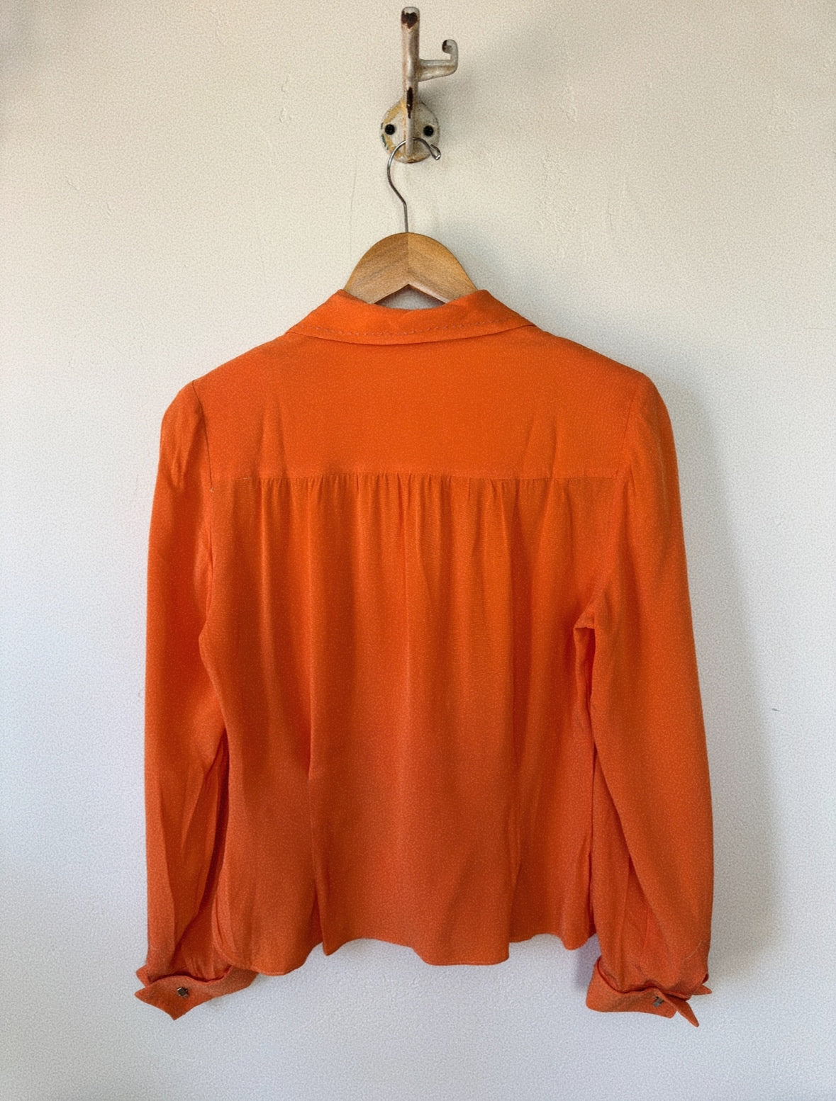 1940s Orange Sorbet Silk Crepe Blouse w/ Monochrome Stitching- S/M