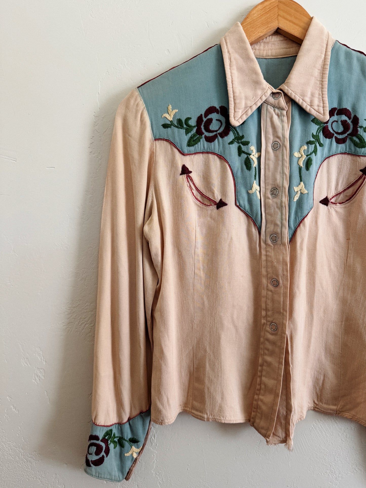 1950s Sky Blue + Purple Embroidered Western Blouse- S/M