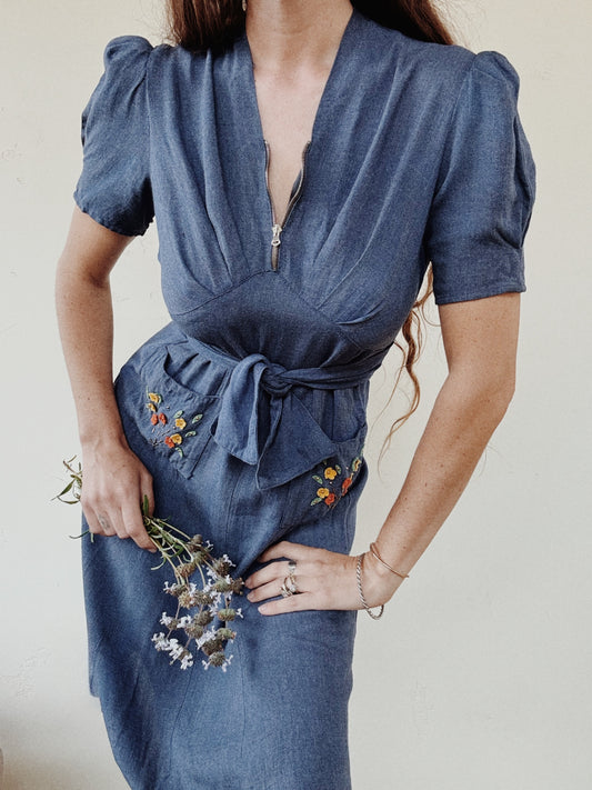 1930s Blue Day Dress w/ Puffed Shoulders + Felt Floral + Stud Pockets- S/M