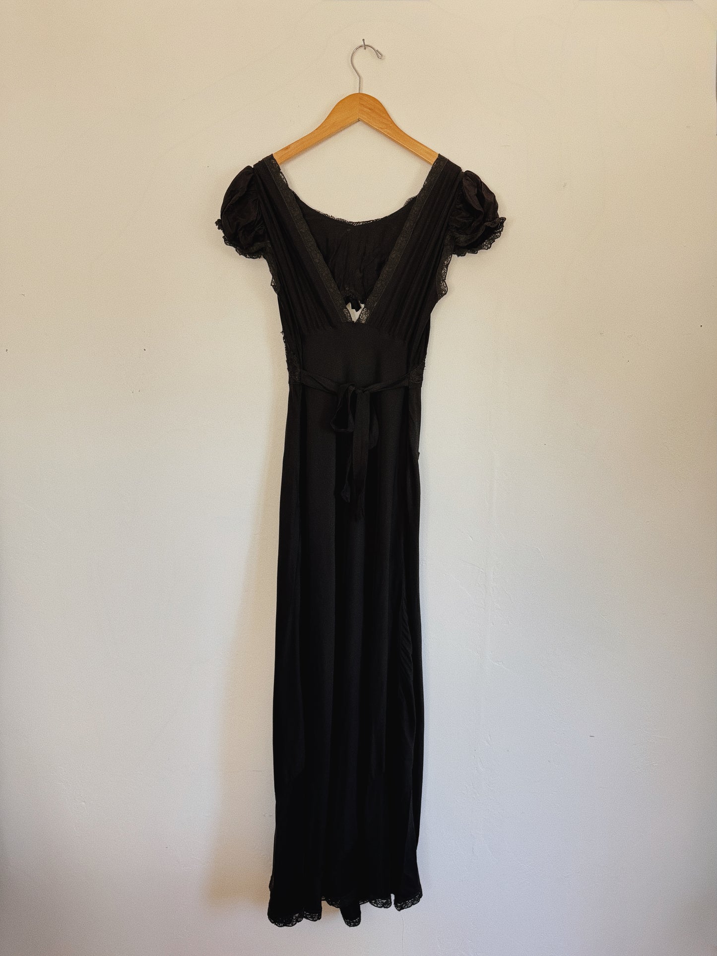 1930s Black Sultry Rayon Silk Keyhole Lace Slip Dress w/ Caplet Shoulders- S-S/M
