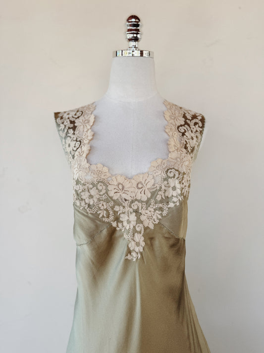 1930s Sage Charmeuse Silk Slip Dress w/ Ecru Lace Trim- S/M