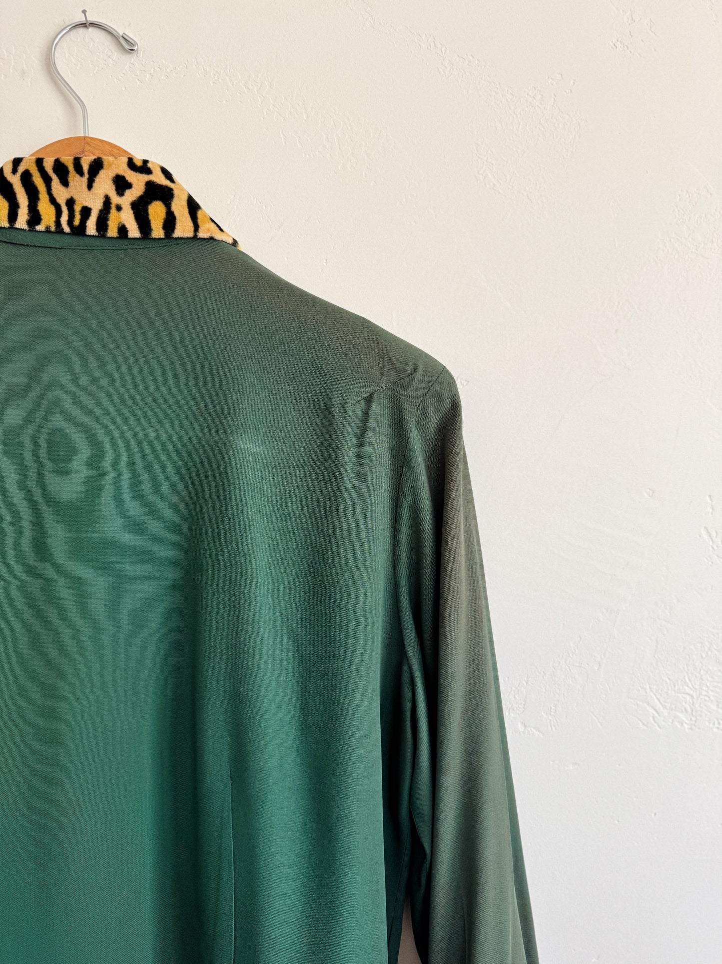 1940s Emerald Rayon + Leopard Jacket w/ Peplum- M