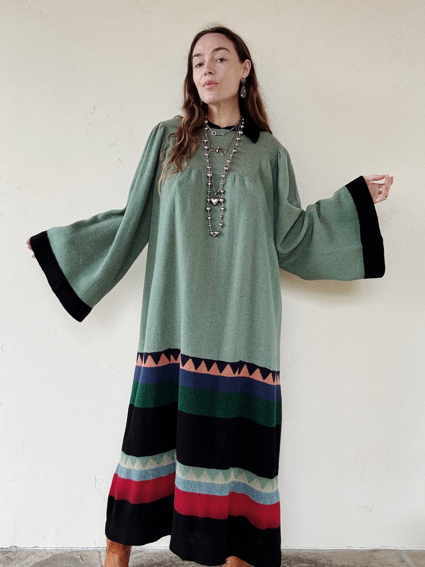 1974 Rare Alice Pollock Documented Knit Kaftan Dress w/ Bell Sleeves- M