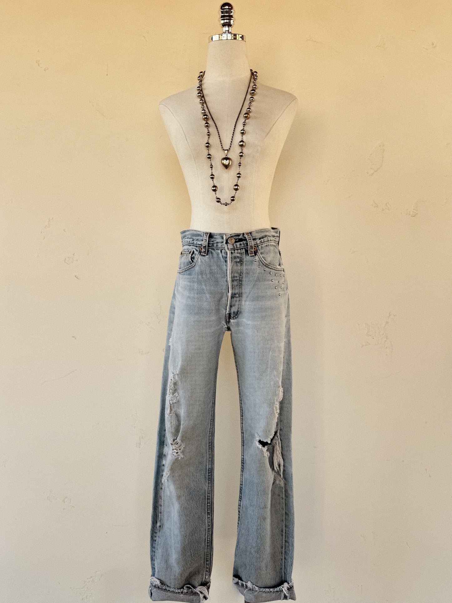 1990s Distressed + Custom Studded Levi’s 501s- S-S/M