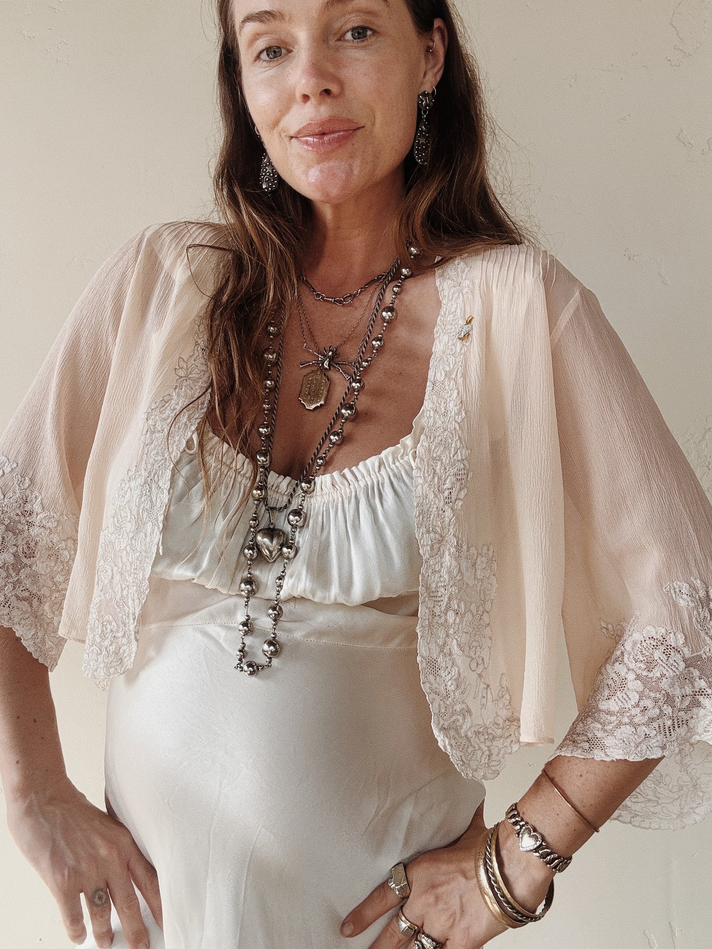 1930s Blush Pink Crinkle Silk Chiffon + Lace Bed Jacket- S-M/L