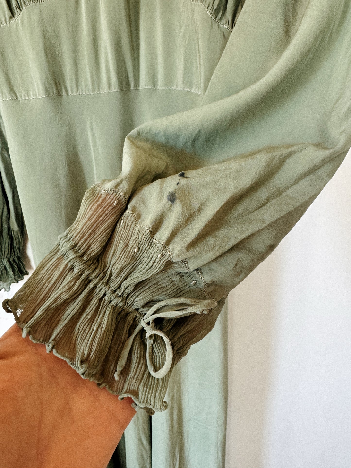 1930s Juniper Green Embroidered Silk Gown w/ Crinkle Chiffon Inserts- S-S/M
