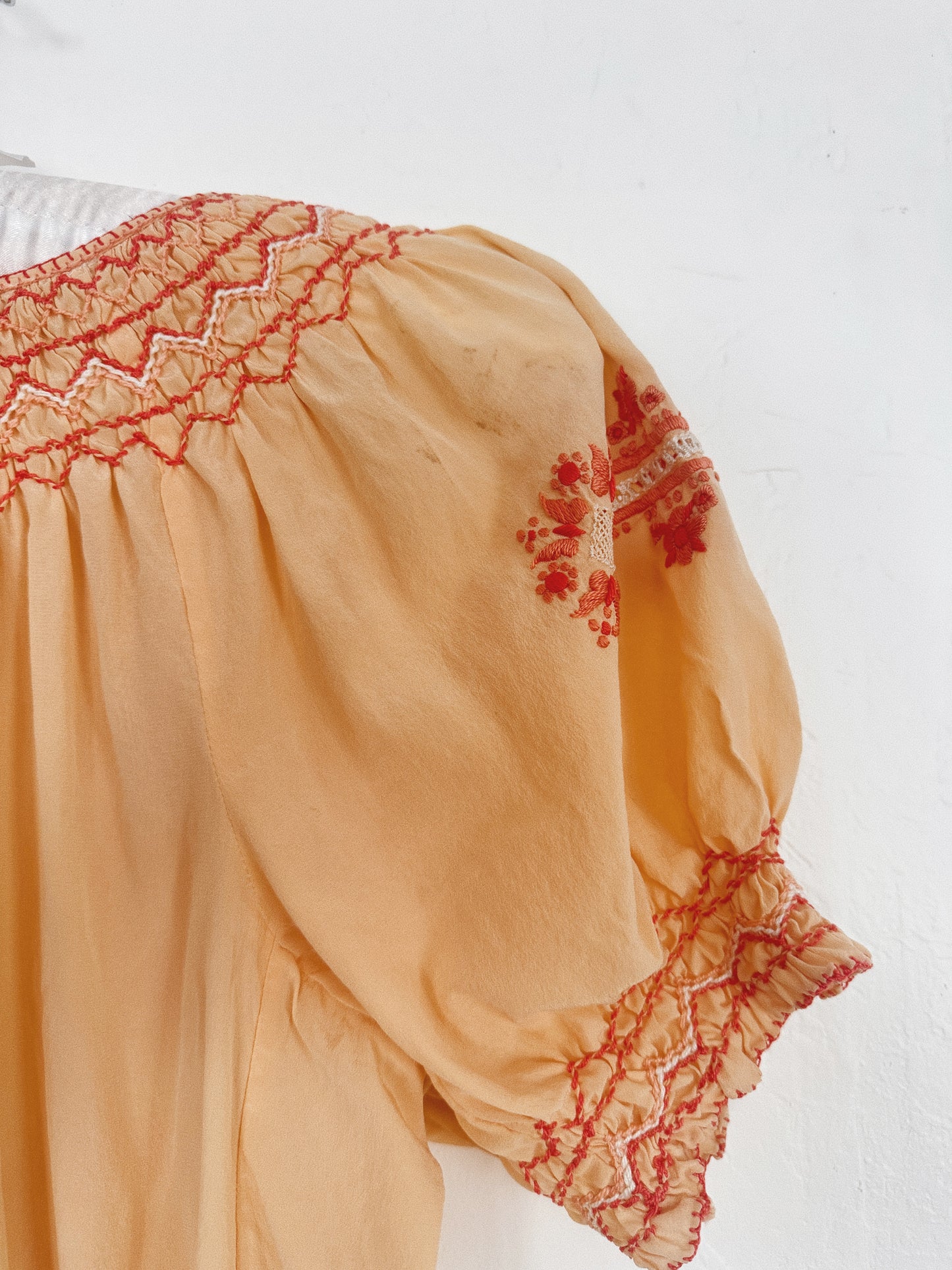 1930s Peach Silk Hungarian Peasant Blouse w/ Floral + Butterfly Embroidery- S/M