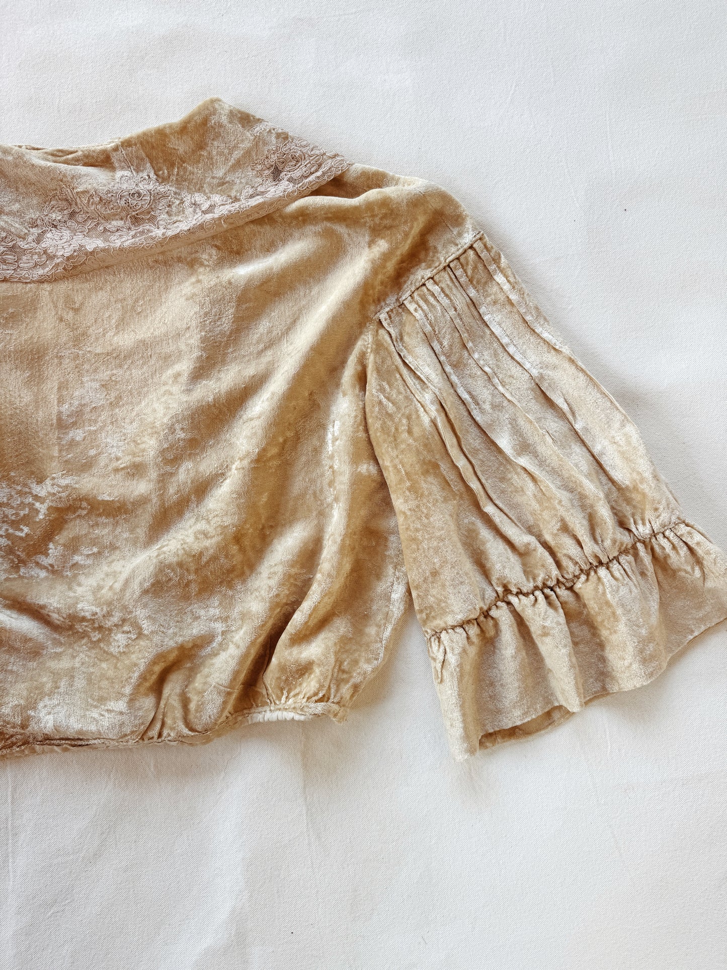 1930s Ivory Crushed Velvet + Lace Cropped Jacket- M