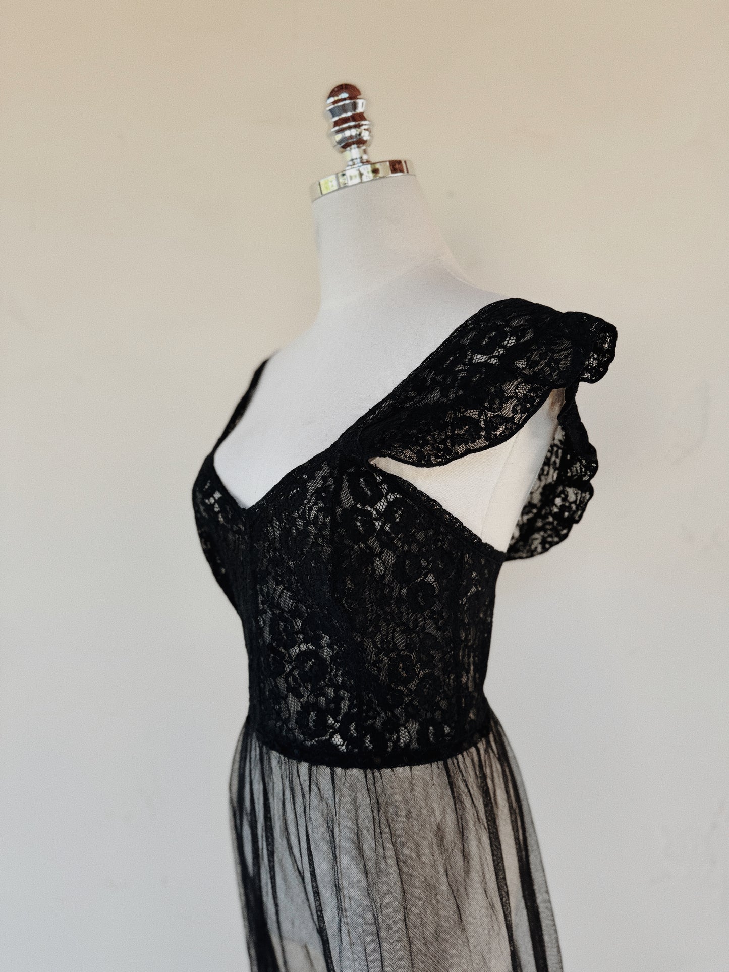 1930s/40s French Black Lace + Bobbinet Flutter Shoulder Slip Dress- S