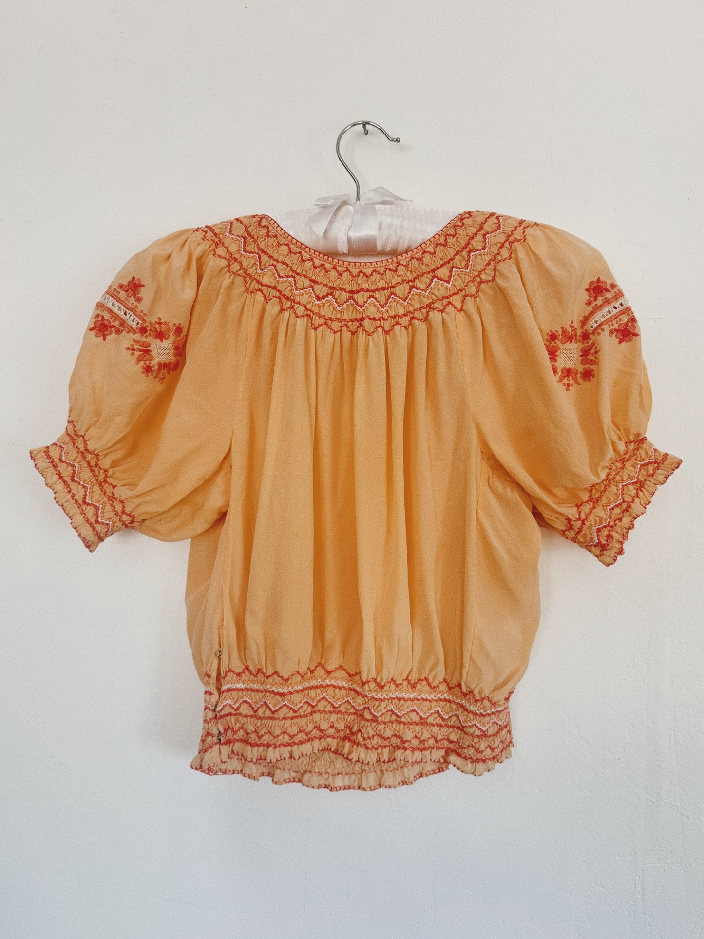 1930s Peach Silk Hungarian Peasant Blouse w/ Floral + Butterfly Embroidery- S/M