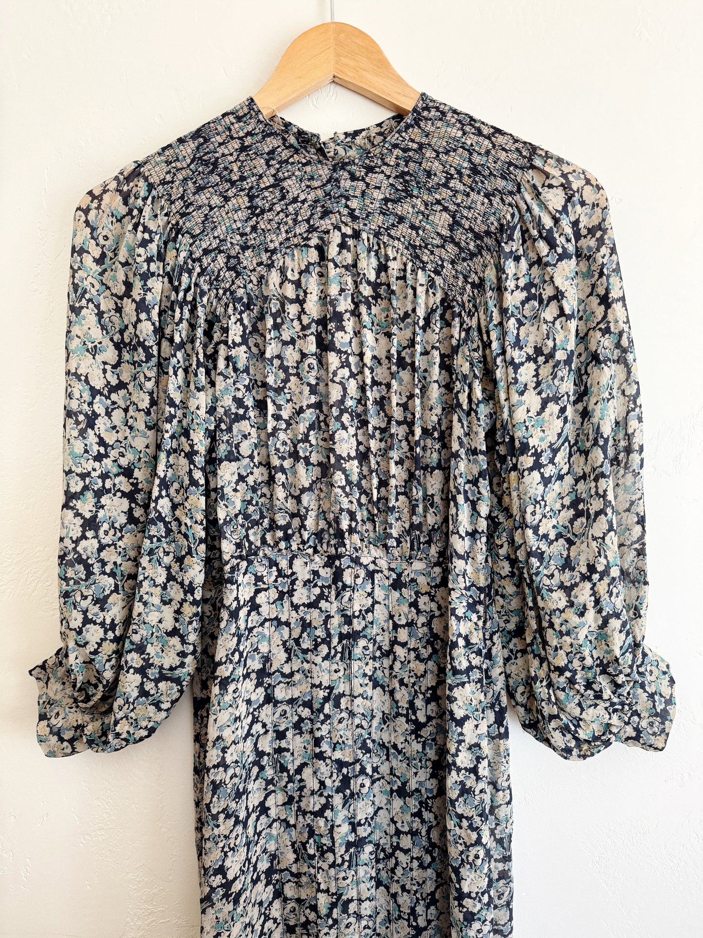 1930s Blue Floral Silk Chiffon Day Dress w/ Balloon Sleeves- S