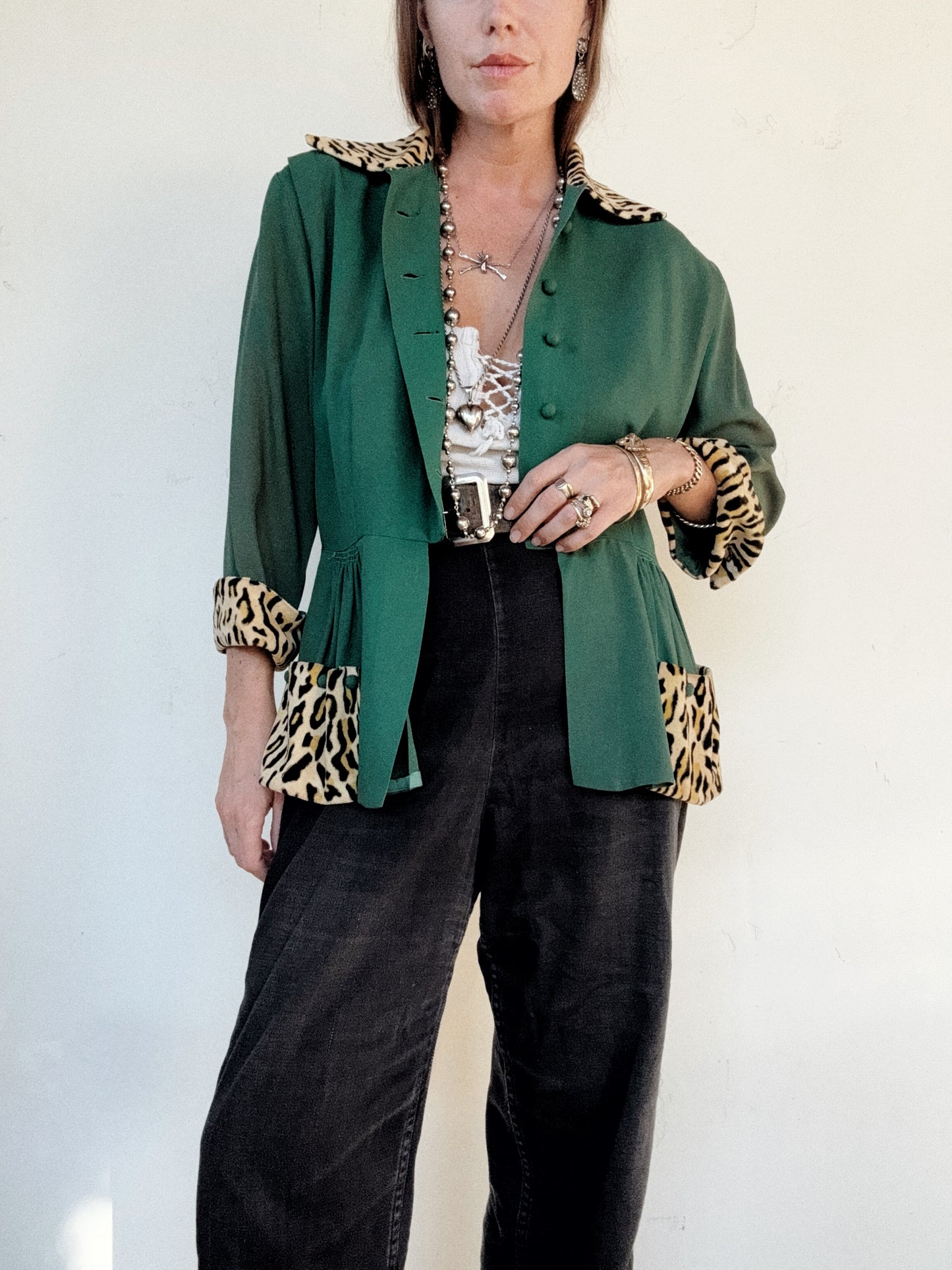 1940s Emerald Rayon + Leopard Jacket w/ Peplum- M