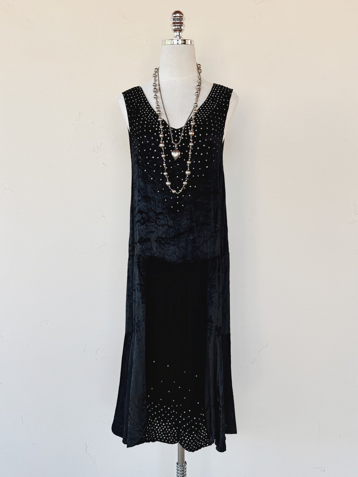 1920s Midnight Black Crushed Silk Velvet Diamenté Dress- S-S/M