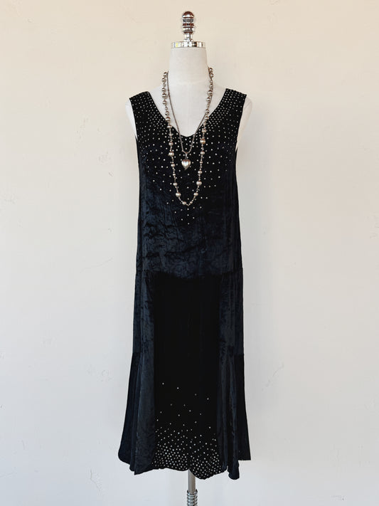 1920s Midnight Black Crushed Silk Velvet Diamenté Dress- S-S/M