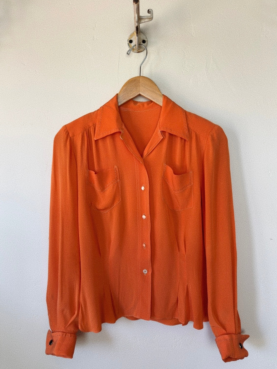 1940s Orange Sorbet Silk Crepe Blouse w/ Monochrome Stitching- S/M
