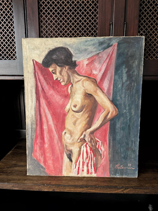 1940s Nude Painting of a Woman w/ Striped Towel Signed Waterman- 18x22”