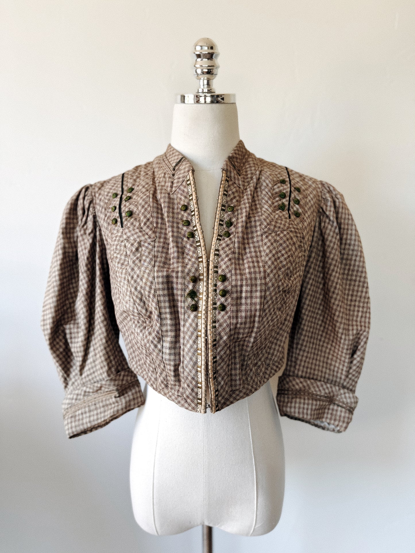 Victorian Gingham Balloon Sleeve Bodice w/ Emerald Silk Buttons- S-S/M