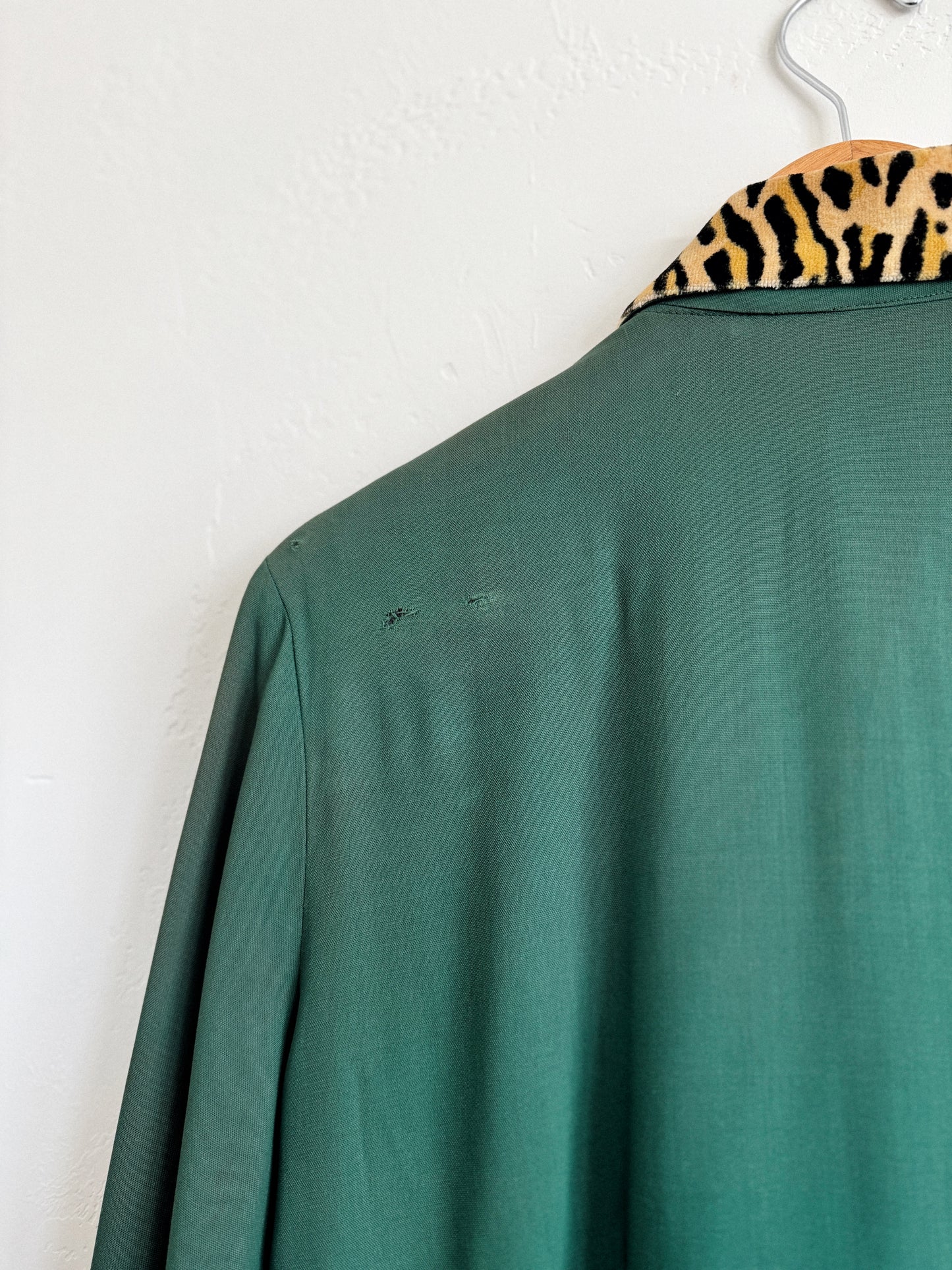 1940s Emerald Rayon + Leopard Jacket w/ Peplum- M