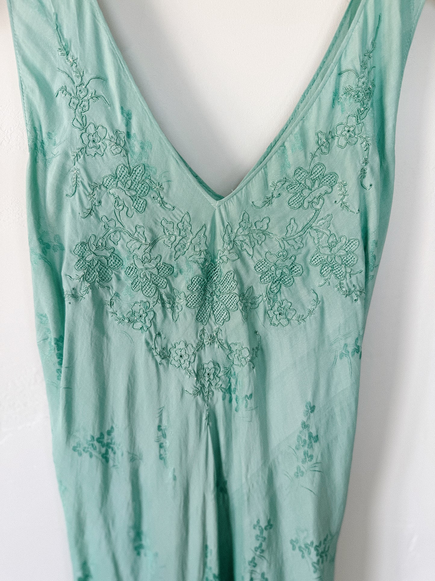 1930s Aquamarine Silk Floral Jacquard Slip Dress- S/M-M