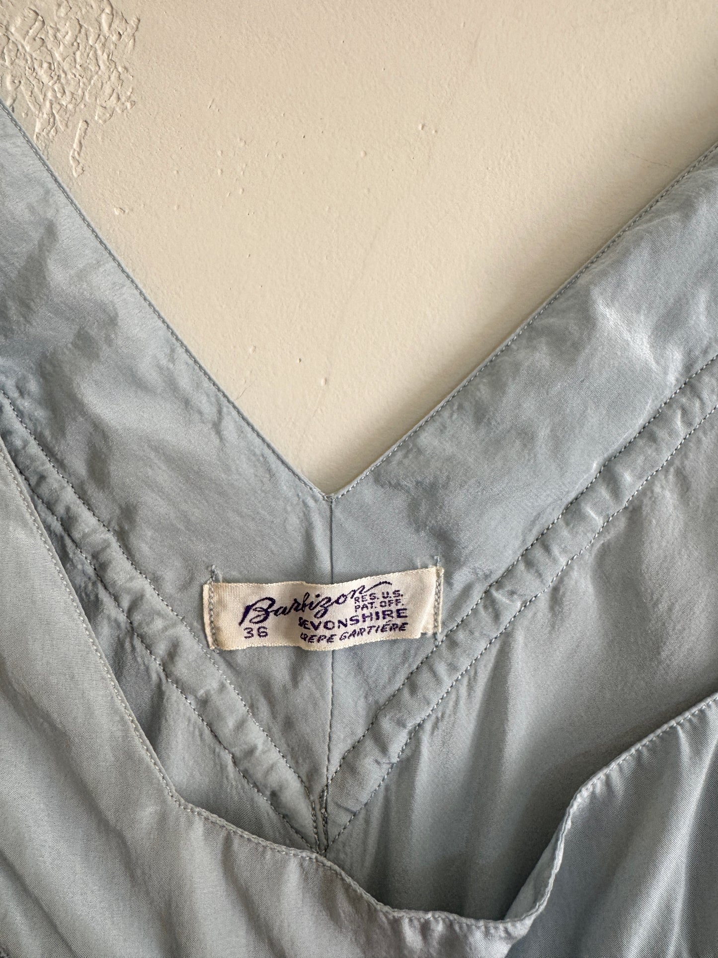 1940s Icy Blue Silk Crepe Slip w/ Braided Trim + Sash- S/M-M